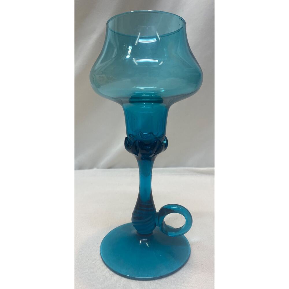 Mid Century Blown Glass TEAL Canldle Holder Handled